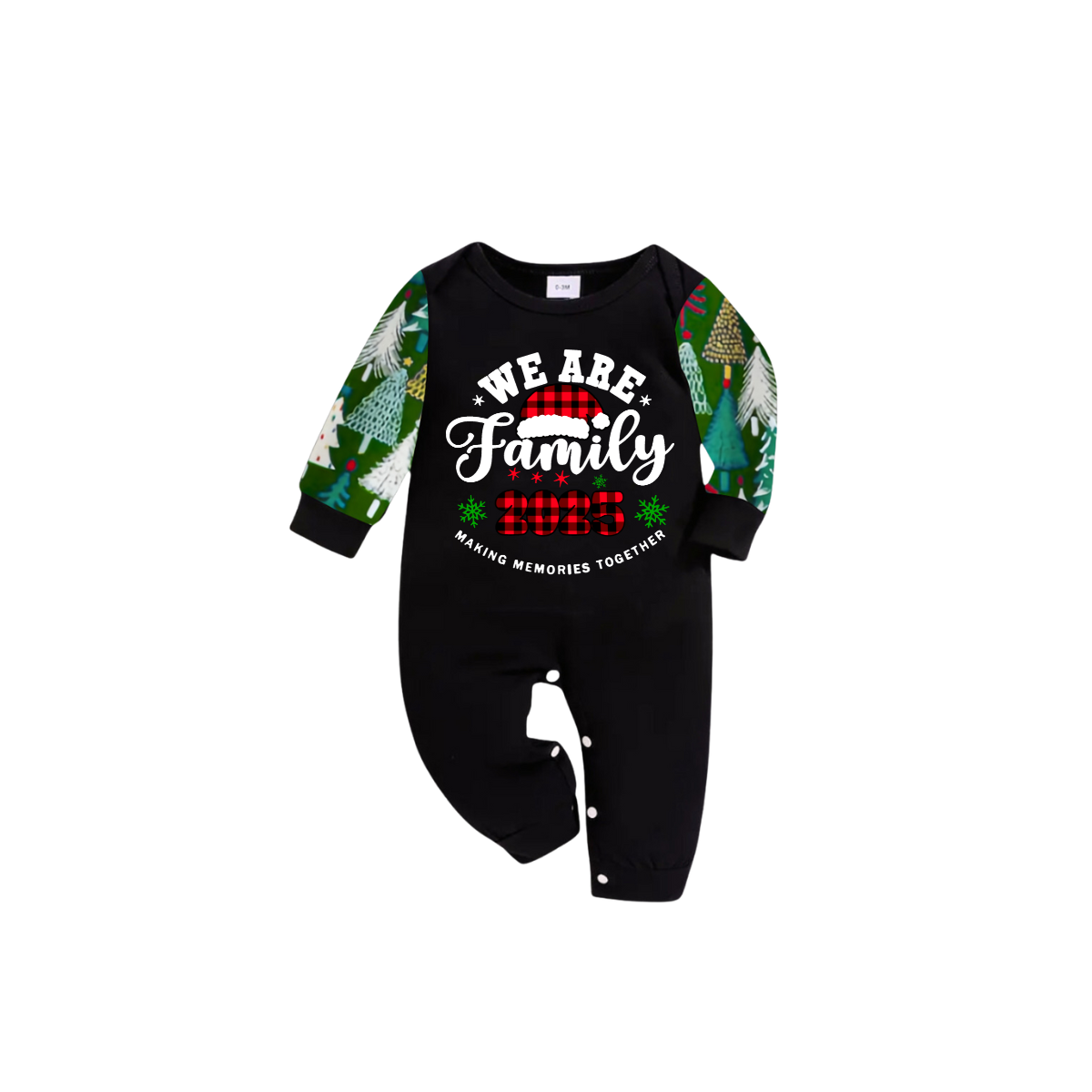 2025 We Are Family Christmas Family Pajamas Set - Black Top / Green Tree Print Pants / Green Tree Print Sleeves