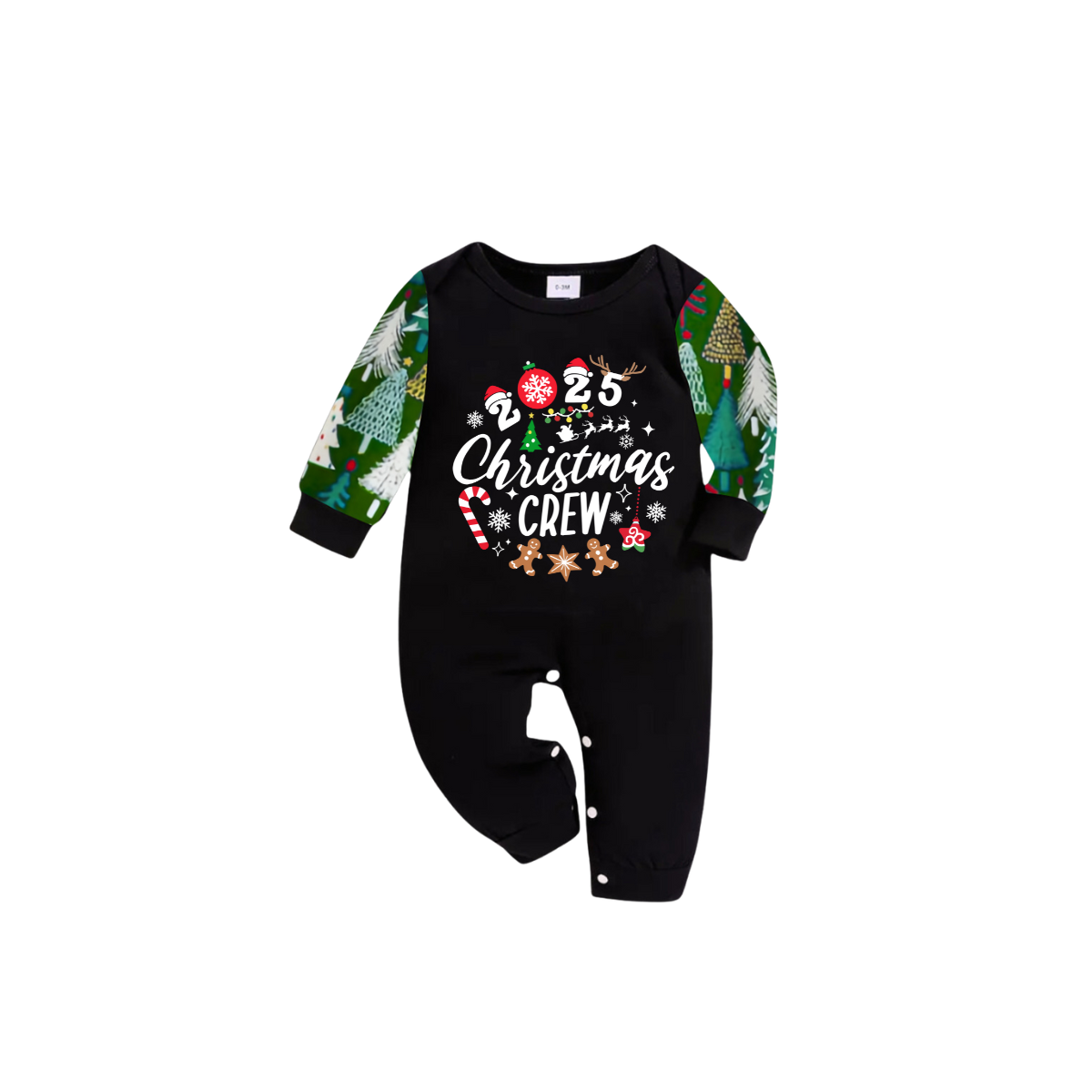 Christmas Crew 2025 Family Pajamas Set - Black Top, Green Pants, Christmas Tree Print Sleeves, Gingerbread Candy Print