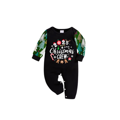 Christmas Crew 2025 Family Pajamas Set - Black Top, Green Pants, Christmas Tree Print Sleeves, Gingerbread Candy Print