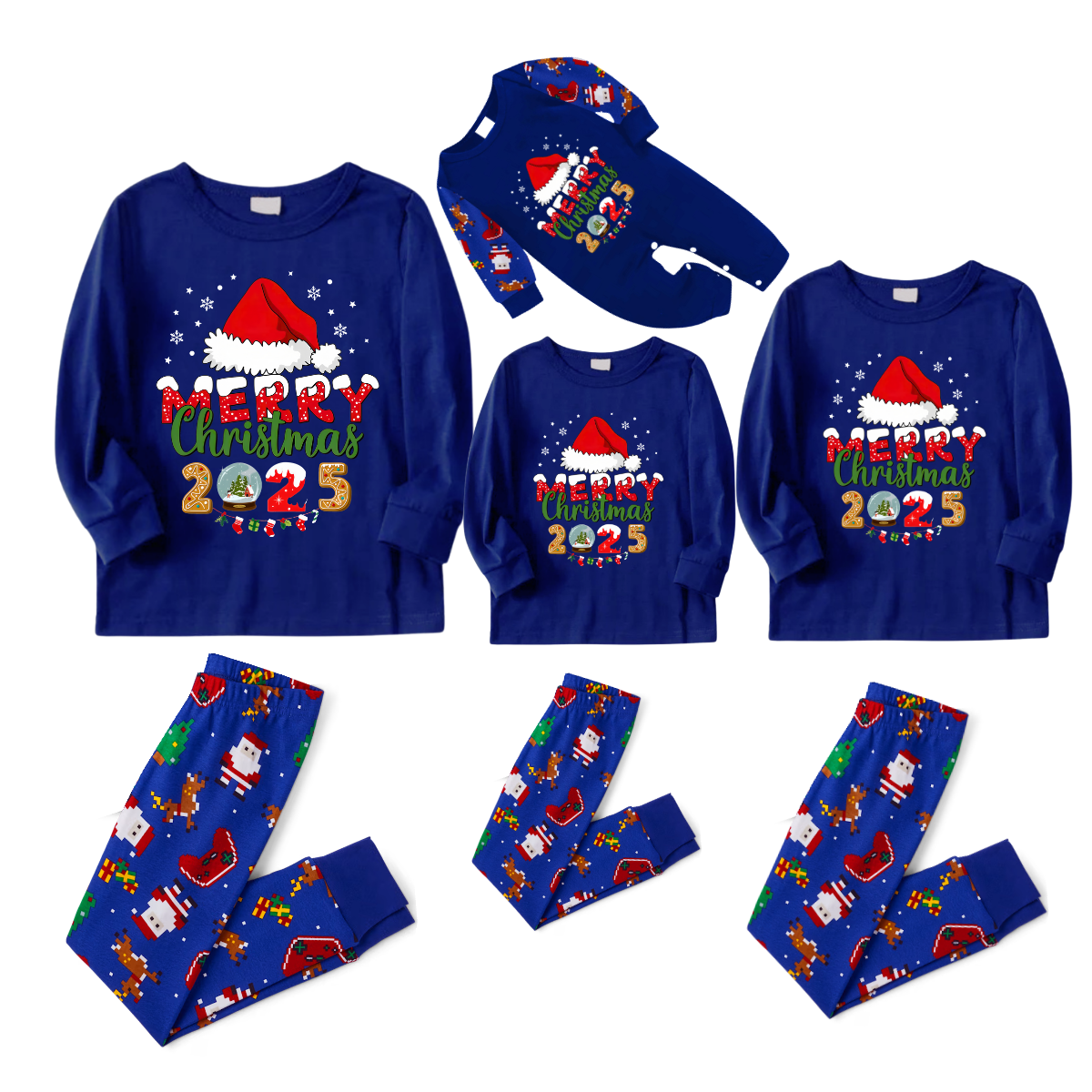 Cozy Blue Christmas Pajamas Set With Santa Hat and "Merry Christmas 2025" Text Print