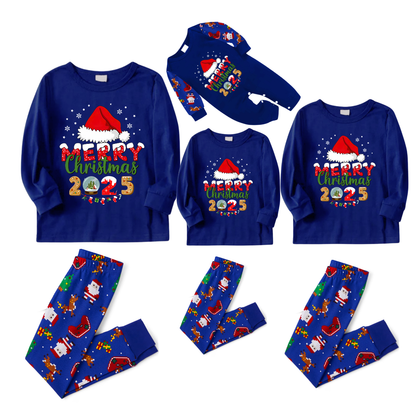 Cozy Blue Christmas Pajamas Set With Santa Hat and "Merry Christmas 2025" Text Print