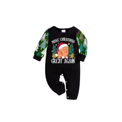 Christmas Cartoon Trump Make Christmas Great Again Family Pajamas Set - Black Top, Green Pants, Christmas Tree Pattern