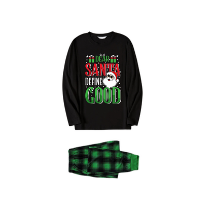 "Dear Santa Define Good" Slogan Printed Black and Green Plaid Family Matching Pajamas