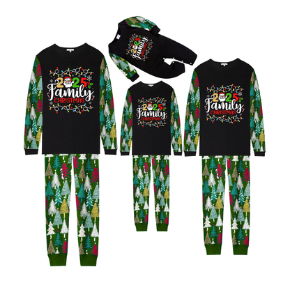 Christmas Tree Christmas Pajamas Set With Christmas Light and "2025 Family Christmas" Text Print