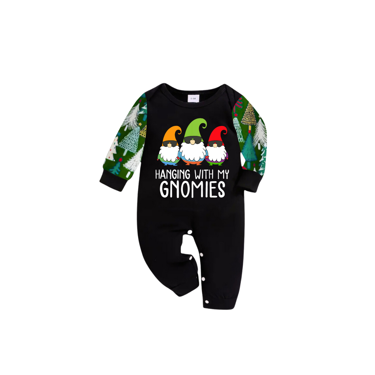 Hanging With My Gnomies Christmas 2025 Family Pajamas Set - Black Top, Green Pants, Christmas Tree Print Sleeves