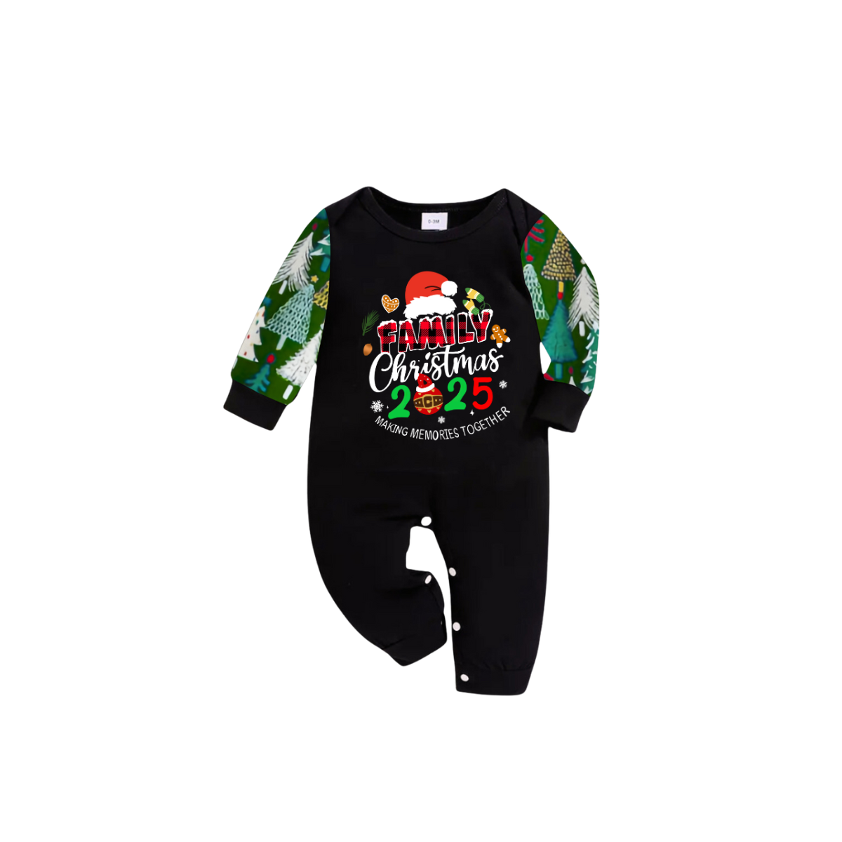 Merry Christmas 2025 Making Memories Family Pajamas Set - Black Top, Green Pants, Christmas Tree Print Sleeves, Santa & Gingerbread Print