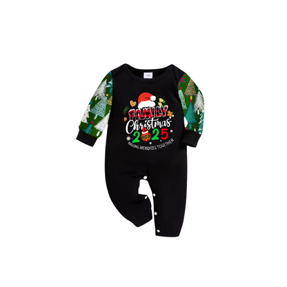 Merry Christmas 2025 Making Memories Family Pajamas Set - Black Top, Green Pants, Christmas Tree Print Sleeves, Santa & Gingerbread Print