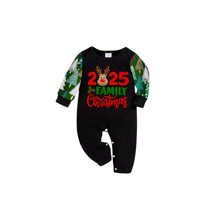 2025 Reindeer Family Christmas Family Pajamas Set - Black Top / Green Tree Print Pants / Green Tree Print Sleeves