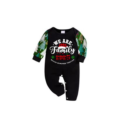2025 We Are Family Christmas Family Pajamas Set - Black Top / Green Tree Print Pants / Green Tree Print Sleeves