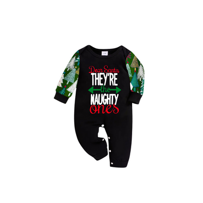 Green Contrast Sleeve Black Top with Dear Santa They Are the Naughty Ones Printed And Pants Family Matching Christmas Pajamas Sets