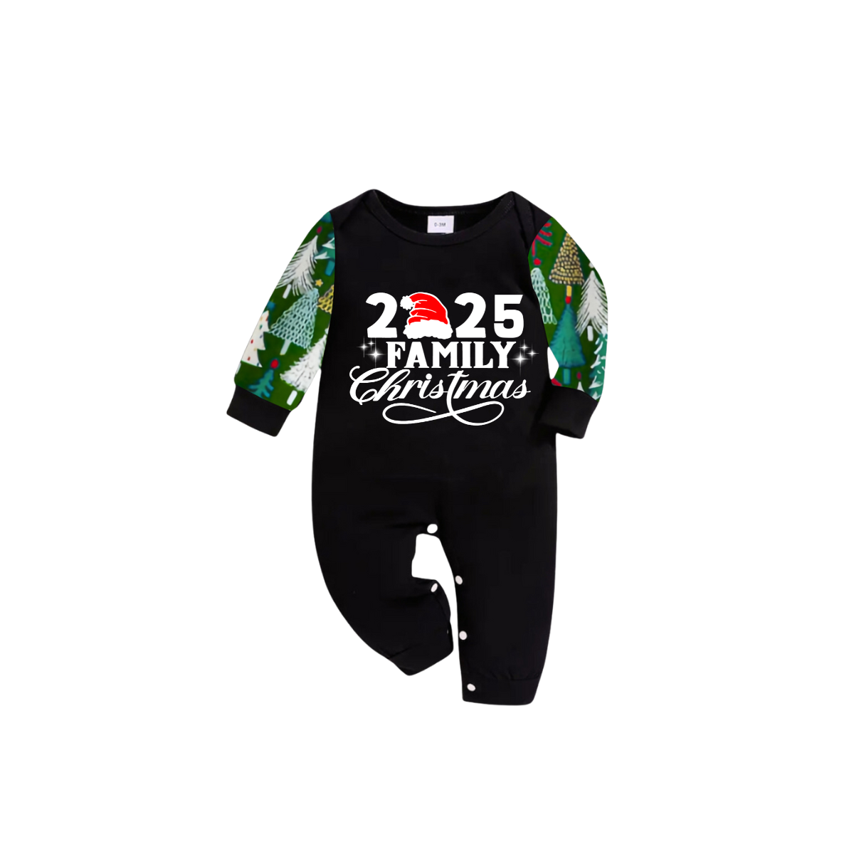 Christmas 2025 Tree Print Family Matching Family Pajamas Set - Black Top, Green Pants, Tree Pattern