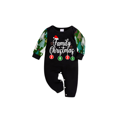 Family Christmas 2025 Pajamas Set - Black Top / Christmas Tree Print Sleeves & Pants