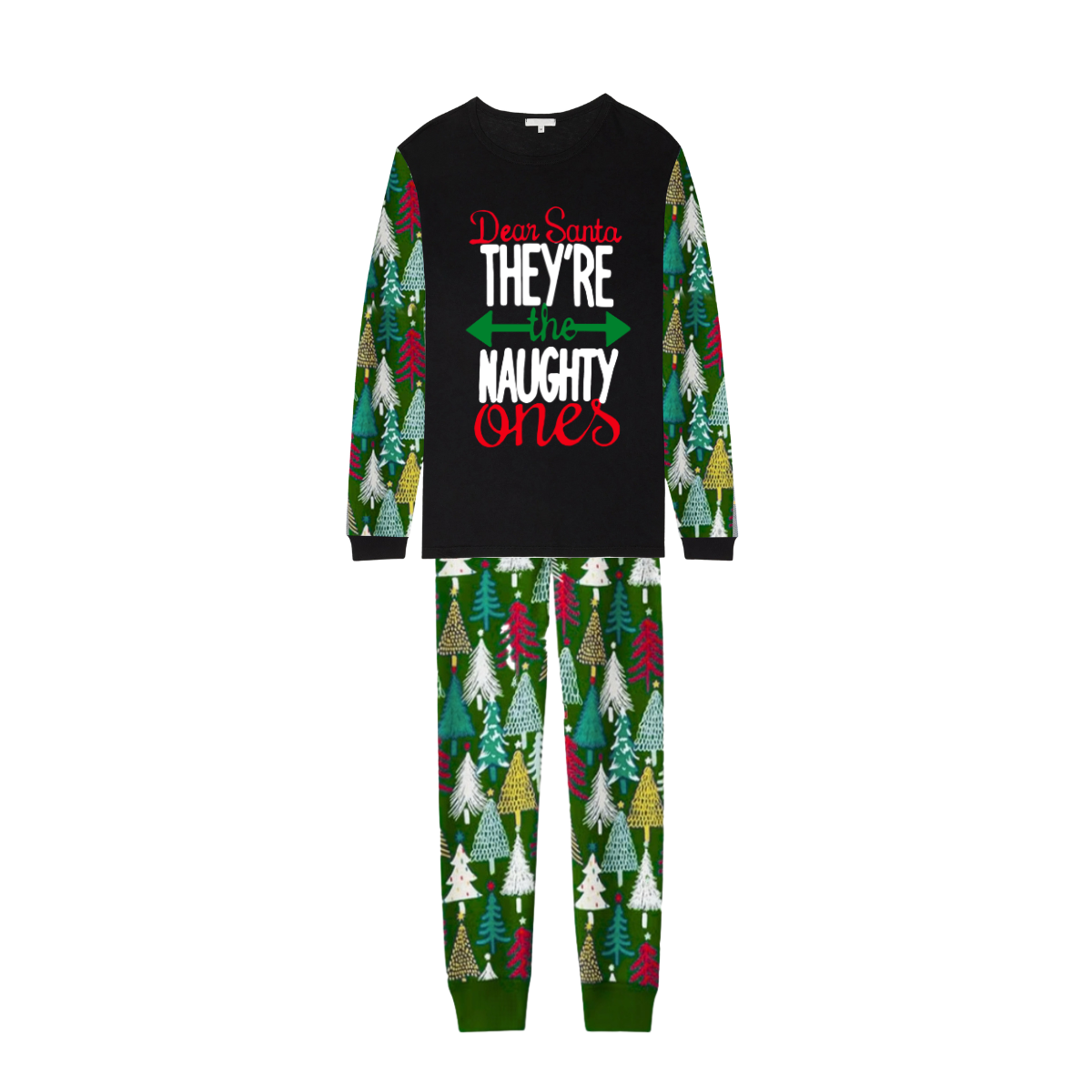 Green Contrast Sleeve Black Top with Dear Santa They Are the Naughty Ones Printed And Pants Family Matching Christmas Pajamas Sets