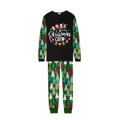 Christmas Crew 2025 Family Pajamas Set - Black Top, Green Pants, Christmas Tree Print Sleeves, Gingerbread Candy Print