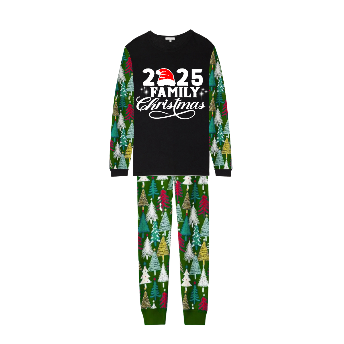 Christmas 2025 Tree Print Family Matching Family Pajamas Set - Black Top, Green Pants, Tree Pattern