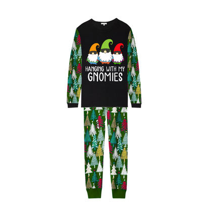 Hanging With My Gnomies Christmas 2025 Family Pajamas Set - Black Top, Green Pants, Christmas Tree Print Sleeves