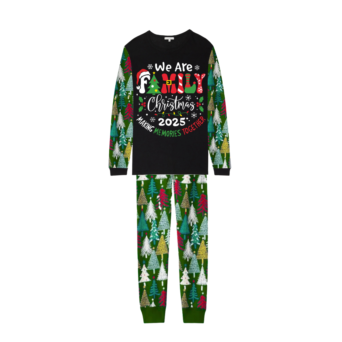 We Are Family Christmas 2025 Making Memories Family Pajamas Set - Black Top, Green Pants, Christmas Tree Print Sleeves