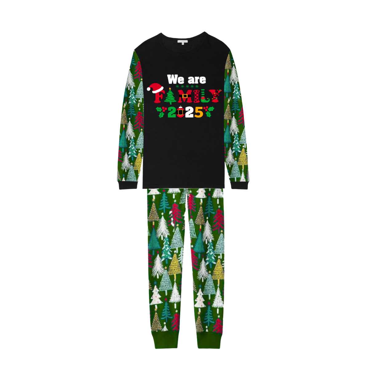 We Are Family Christmas 2025 Family Pajamas Set - Black Top, Green Pants, Christmas Tree Print Sleeves