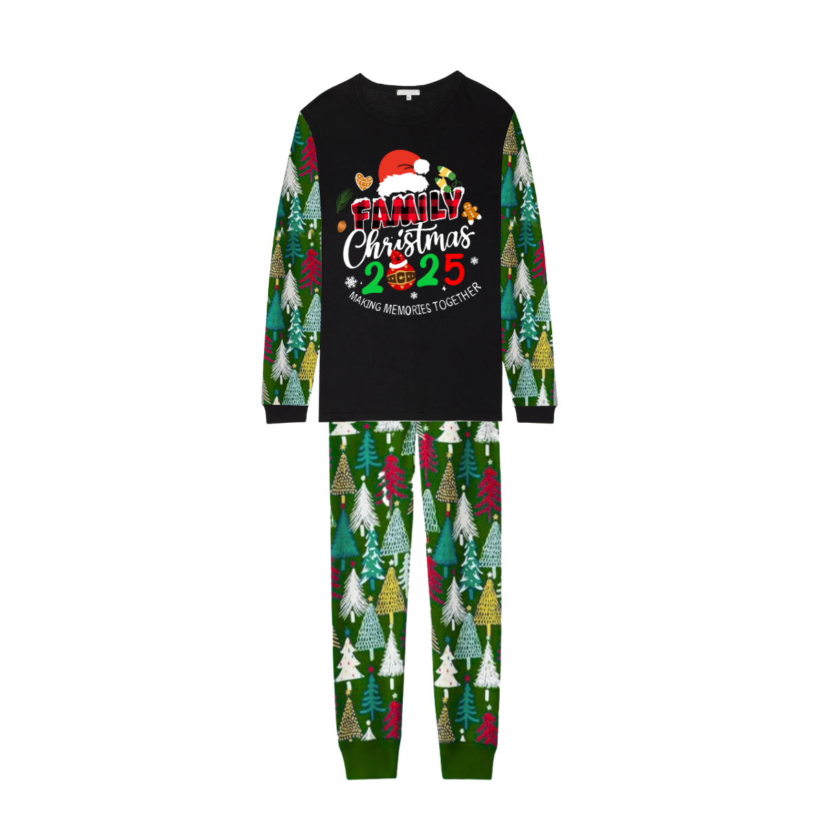 Merry Christmas 2025 Making Memories Family Pajamas Set - Black Top, Green Pants, Christmas Tree Print Sleeves, Santa & Gingerbread Print