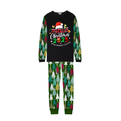 Merry Christmas 2025 Making Memories Family Pajamas Set - Black Top, Green Pants, Christmas Tree Print Sleeves, Santa & Gingerbread Print