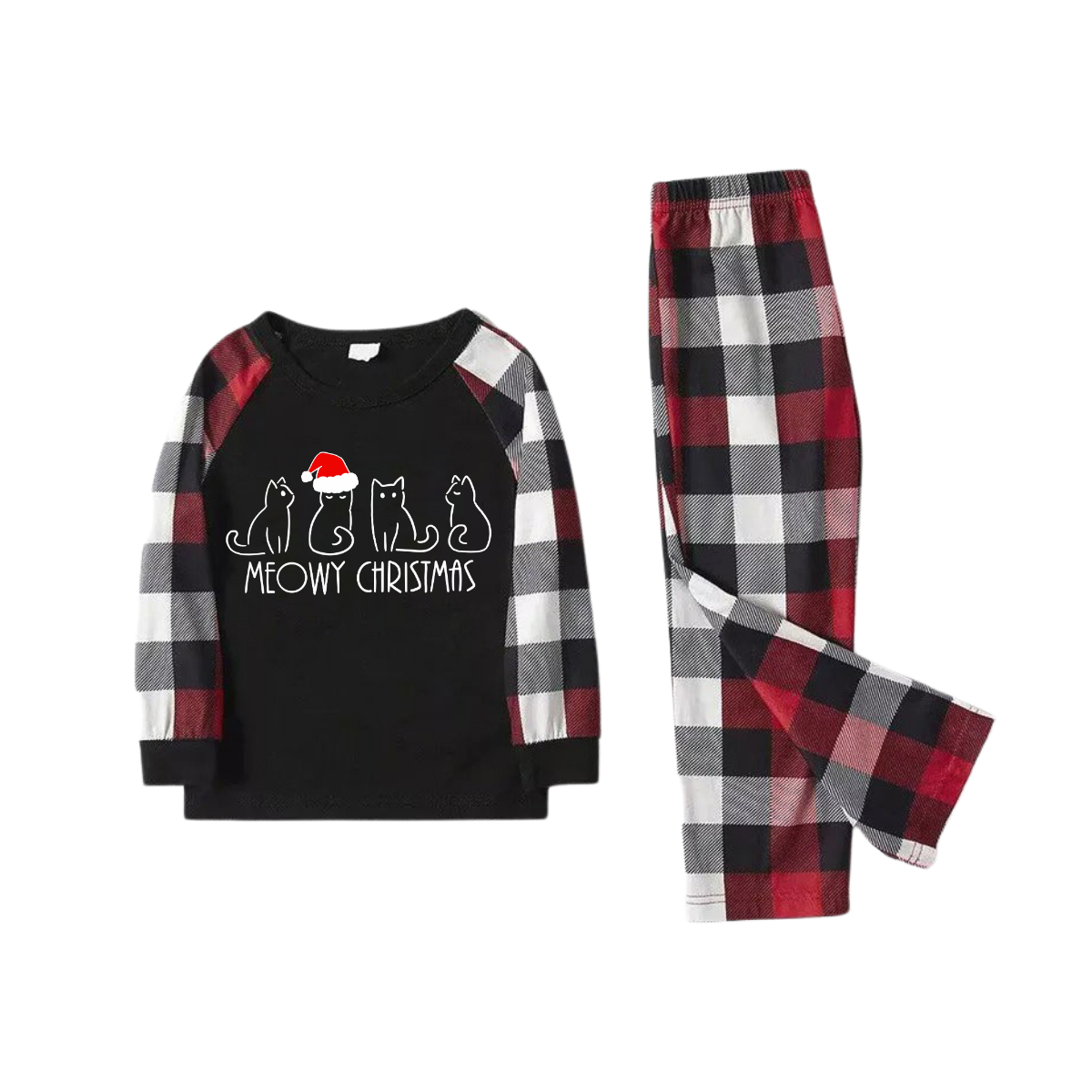 Christmas Cute Cat Prints Red & Black & Grey & White Plaid Family Matching Pajamas