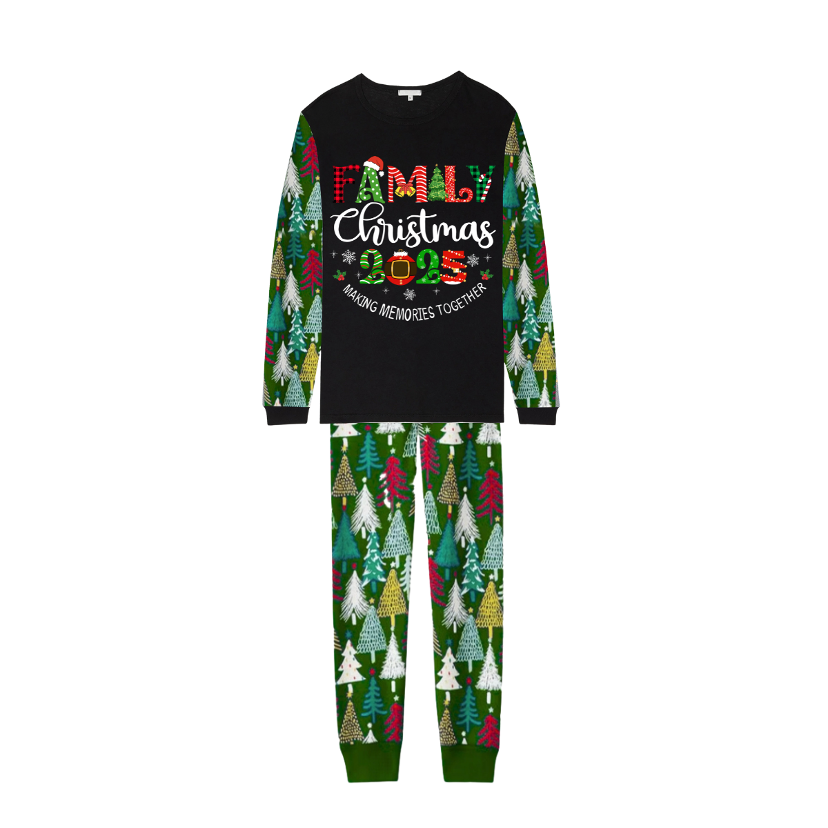 Family Christmas 2025 Making Memories Family Pajamas Set - Black Top, Green Pants, Christmas Tree Print Sleeves