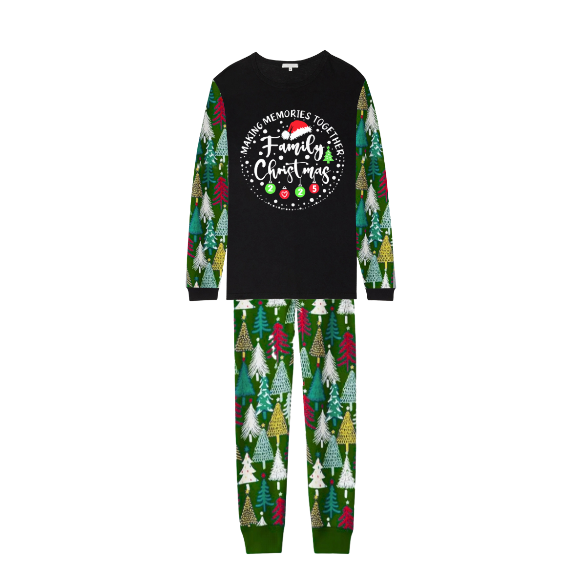 Making Memories Together Family Christmas 2025 Family Pajamas Set - Black Top, Green Pants, Christmas Tree Print Sleeves