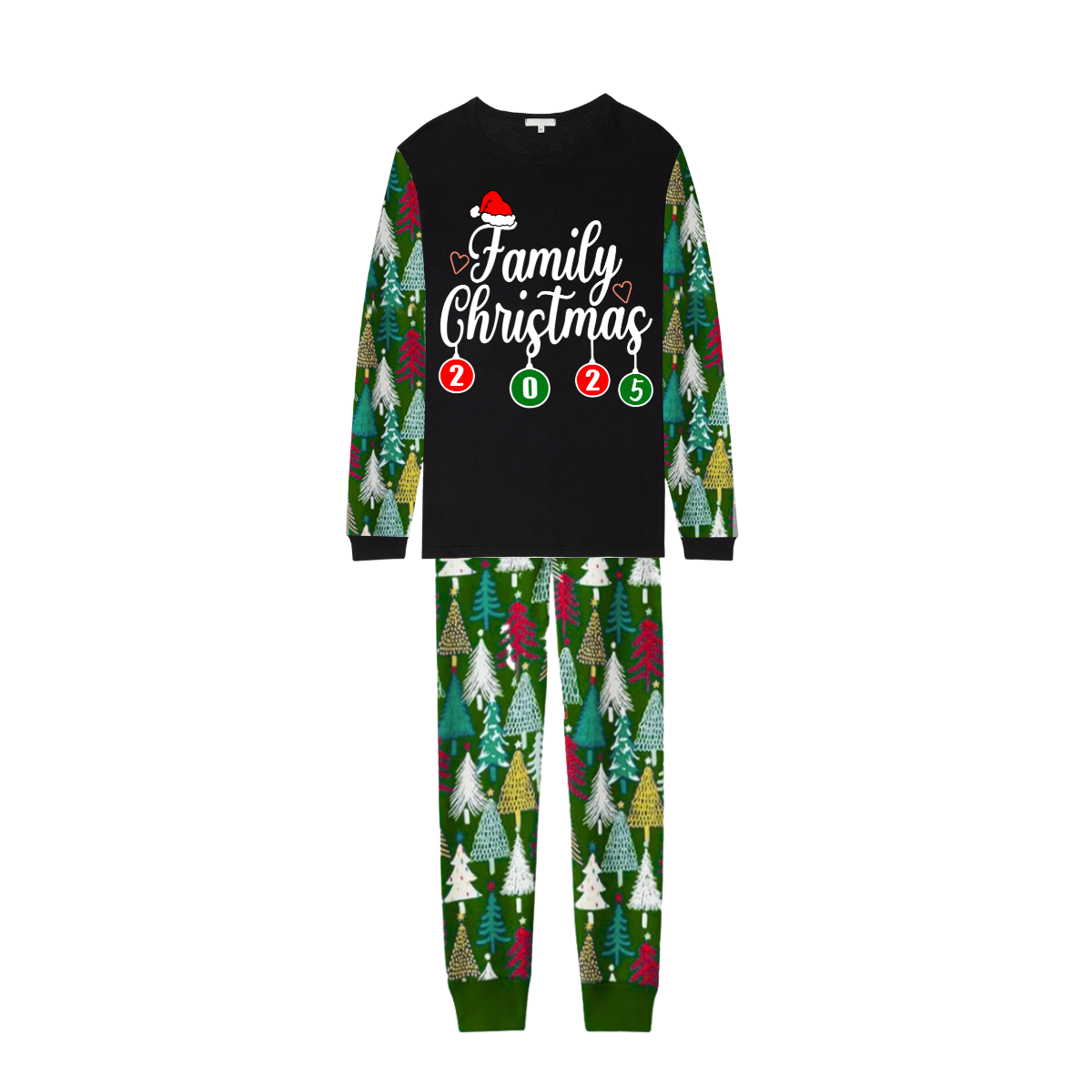 Family Christmas 2025 Pajamas Set - Black Top / Christmas Tree Print Sleeves & Pants