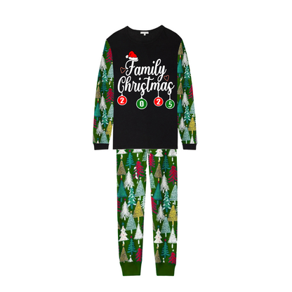 Family Christmas 2025 Pajamas Set - Black Top / Christmas Tree Print Sleeves & Pants