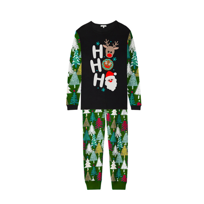 HO HO HO Christmas Pajama Set with Santa, Reindeer, and Christmas Trees