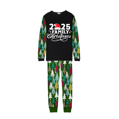 Christmas 2025 Tree Print Family Matching Family Pajamas Set - Black Top, Green Pants, Tree Pattern