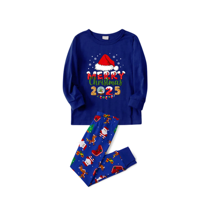 Cozy Blue Christmas Pajamas Set With Santa Hat and "Merry Christmas 2025" Text Print