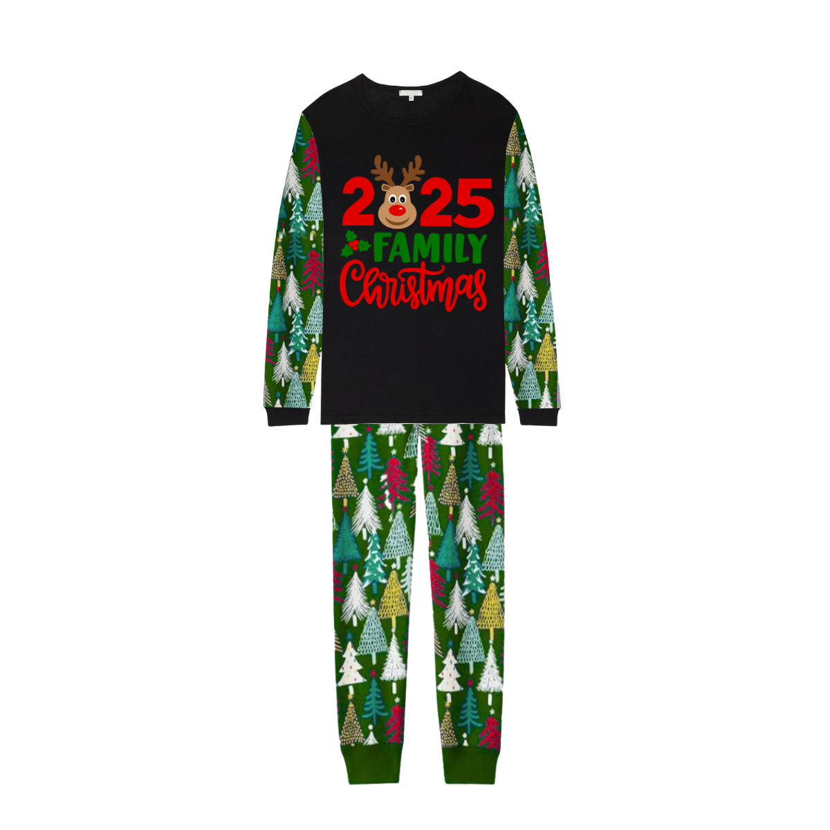 2025 Reindeer Family Christmas Family Pajamas Set - Black Top / Green Tree Print Pants / Green Tree Print Sleeves