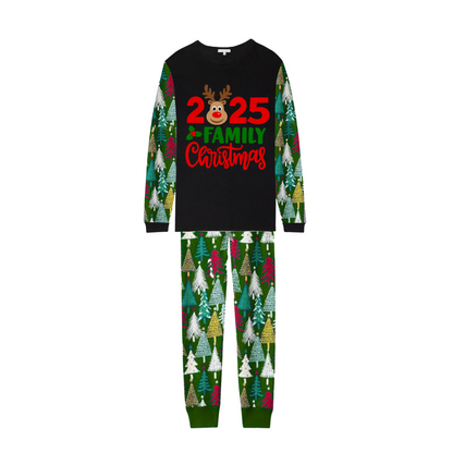 2025 Reindeer Family Christmas Family Pajamas Set - Black Top / Green Tree Print Pants / Green Tree Print Sleeves