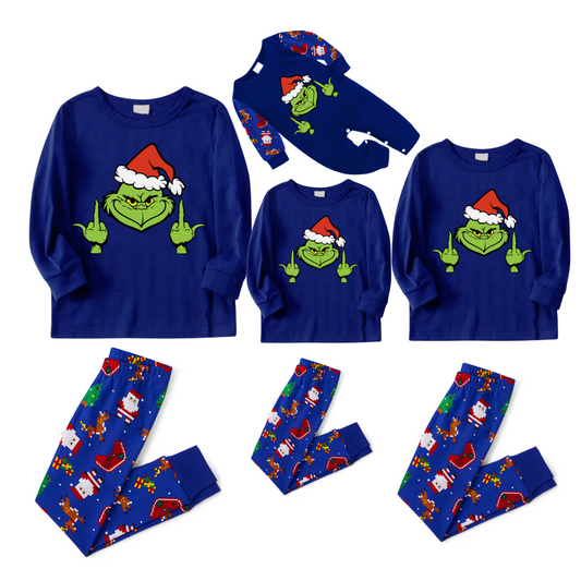 Grinchy Christmas Cartoon Family Pajamas - Blue