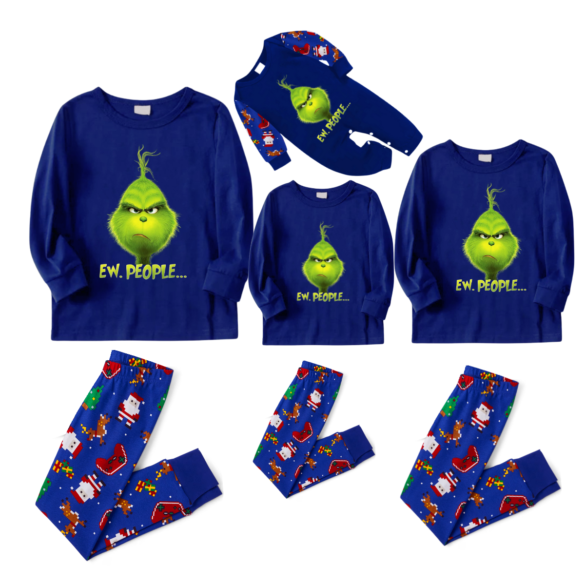 Grinch Ew, People.... Family Christmas Pajamas Blue Santa Print