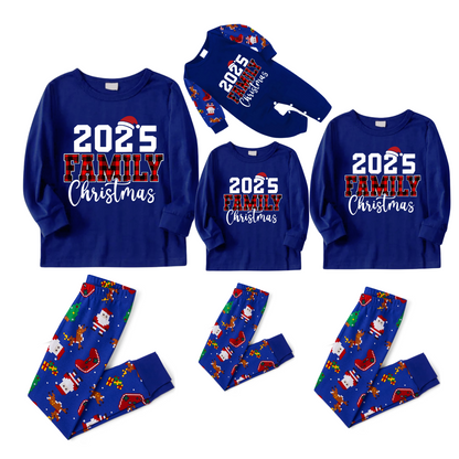 2025 Family Christmas Family Pajamas Set - Blue Top, Blue Pants, Blue Christmas Cartoon Sleeves, Letter Print