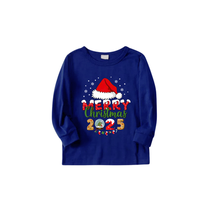 Cozy Blue Christmas Pajamas Set With Santa Hat and "Merry Christmas 2025" Text Print