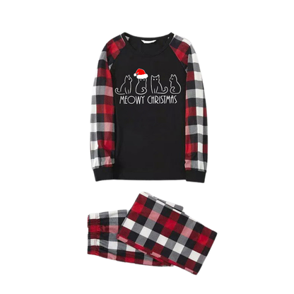 Christmas Cute Cat Prints Red & Black & Grey & White Plaid Family Matching Pajamas
