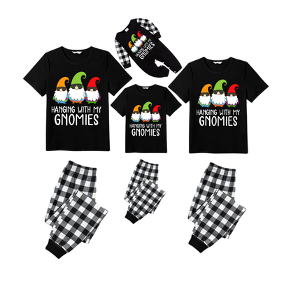 Hanging With My Gnomies Family Christmas Pajamas Set - Black Top Black and White Plaid Pants Colorful Gnomes Graphic