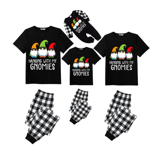 Hanging With My Gnomies Family Christmas Pajamas Set - Black Top Black and White Plaid Pants Colorful Gnomes Graphic