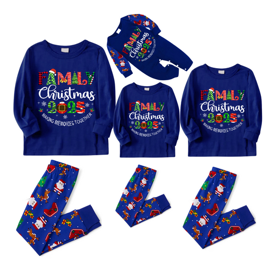 Family Christmas 2025 Making Memories Family Pajamas Set - Blue Top, Blue Pants, Blue Christmas Cartoon Sleeves