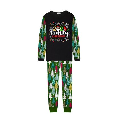 Christmas Tree Christmas Pajamas Set With Christmas Light and "2025 Family Christmas" Text Print