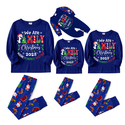 We Are Family Christmas 2025 Making Memories Family Pajamas Set - Blue Top, Blue Pants, Blue Christmas Cartoon Sleeves