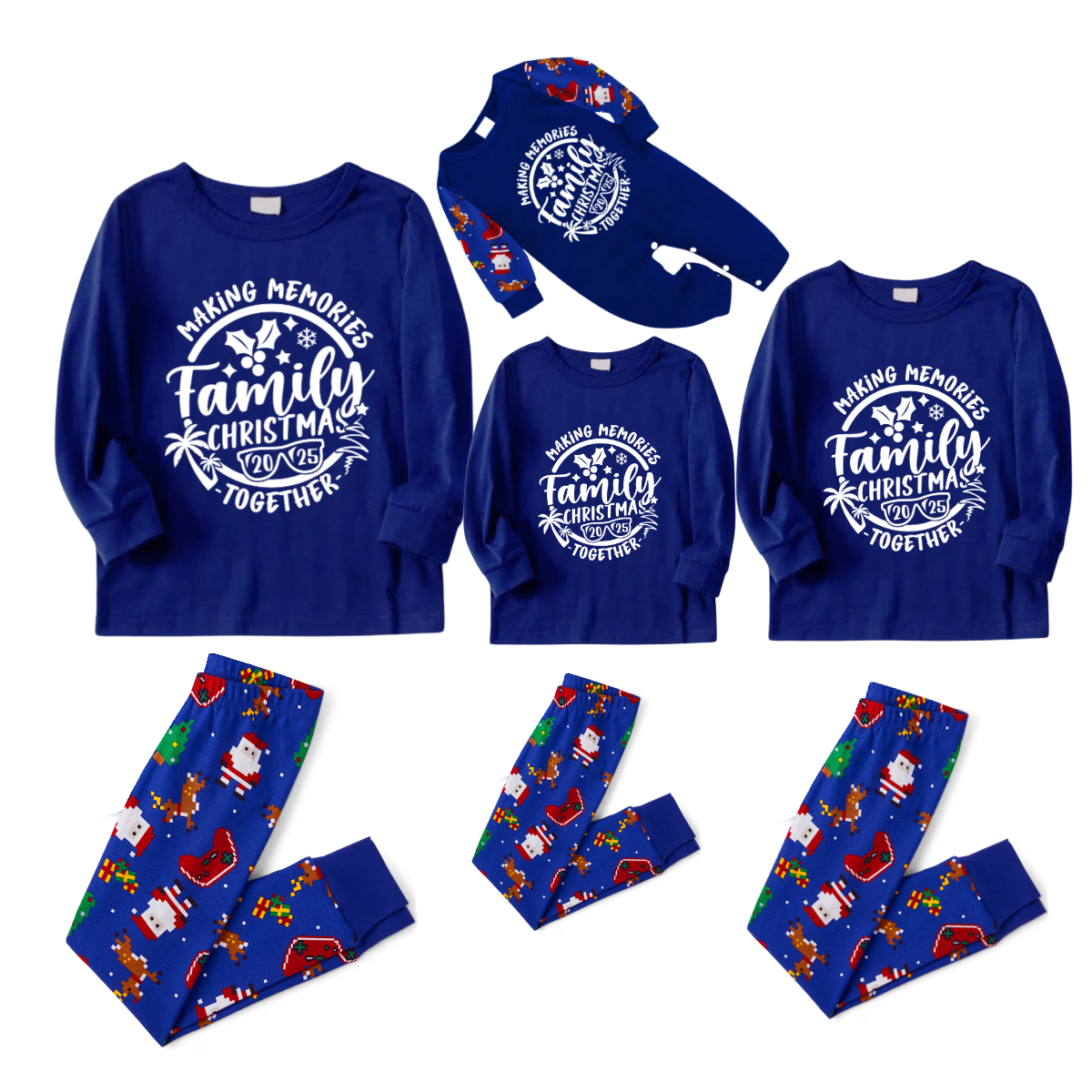 Making Memories Family Christmas Pajamas - Blue & Santa Print
