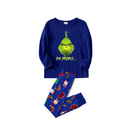 Grinch Ew, People.... Family Christmas Pajamas Blue Santa Print