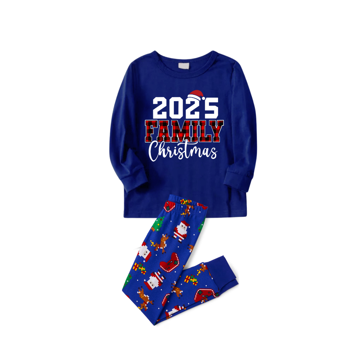 2025 Family Christmas Family Pajamas Set - Blue Top, Blue Pants, Blue Christmas Cartoon Sleeves, Letter Print