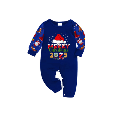 Cozy Blue Christmas Pajamas Set With Santa Hat and "Merry Christmas 2025" Text Print