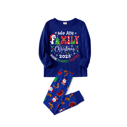 We Are Family Christmas 2025 Making Memories Family Pajamas Set - Blue Top, Blue Pants, Blue Christmas Cartoon Sleeves