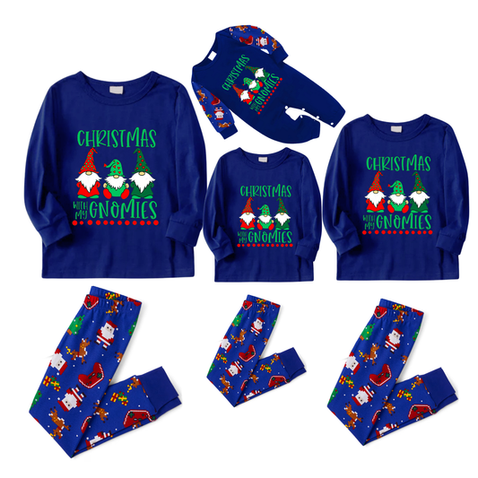 Cozy Blue Christmas Pajamas Set With "Christmas With My Gnomies" Text Print